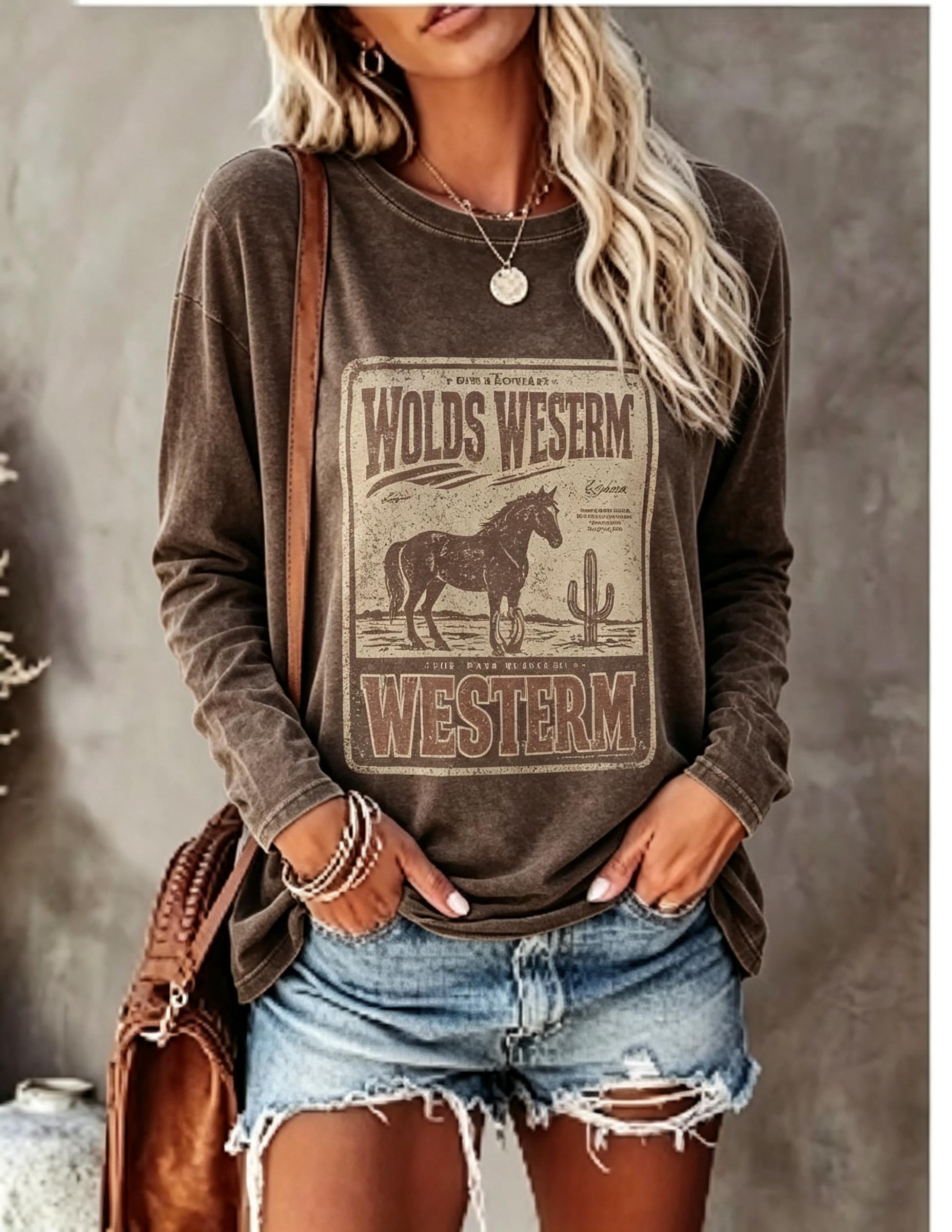 Winter Clothing For Women - 여성용 긴팔 티셔츠, 빈티지 스타일의 서부풍